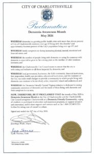 A screenshot of a proclamation from the Charlottesville City Council for Dementia Awareness Month in May 2026.